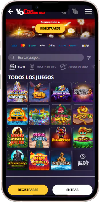 Juegos de tragamonedas en la app de casino móvil YoCasino en España